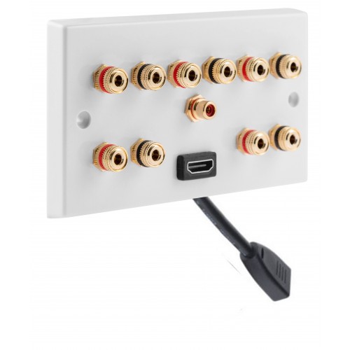 5.1 White Surround Sound Speaker Wall Plate with Gold Binding Posts 1 x RCA Socket 1 x HDMI. NO SOLDERING REQUIRED